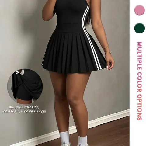 Women's Sleeveless Sporty Comfy Workout Striped Dress with Side Stripe Design, Built-in Shorts, Casual Wear, Perfect for Gym & Daily Use, Comfortable Fit, Tennis Dress with Shorts