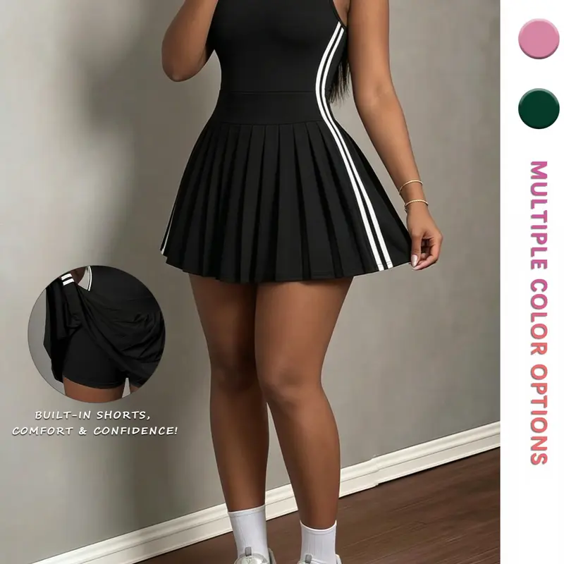 Women's Sleeveless Sporty Comfy Workout Striped Dress with Side Stripe Design, Built-in Shorts, Casual Wear, Perfect for Gym & Daily Use, Comfortable Fit, Tennis Dress with Shorts