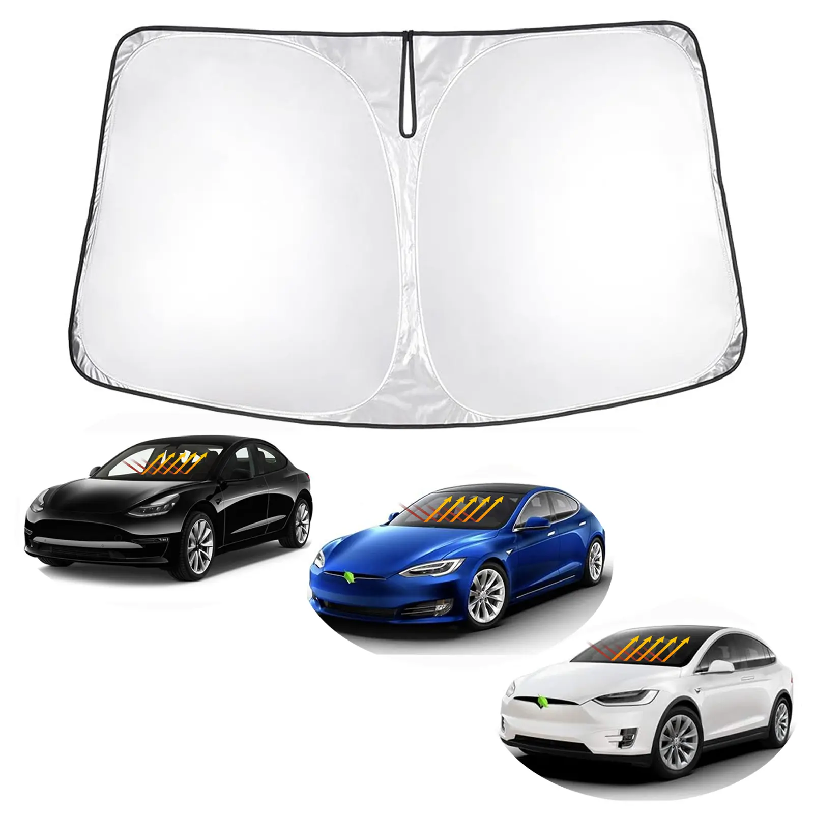Canvcle Custom Fit Windshield Sun Shade for Tesla Model 3/Y/S/X 2016-2026, 240T 5 Layers Reflective Fabric Foldable Sun Visor Blocks 99% UV Rays Keeps Car Cooler, Fits Long Range LR Model