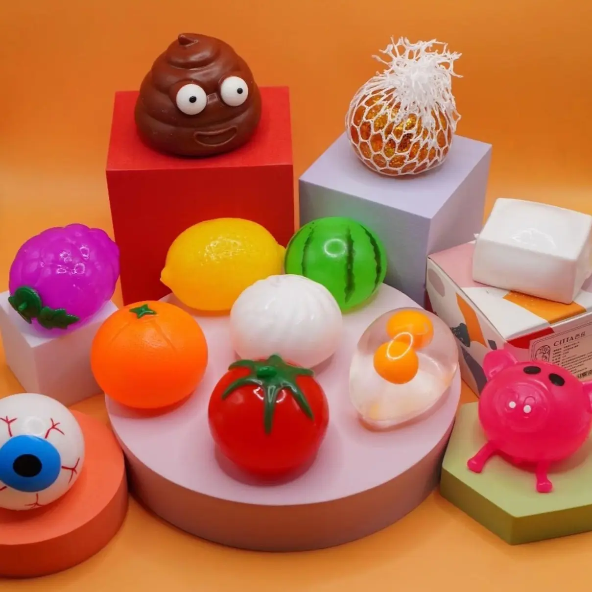 10 pieces of fun, different gift boxes, transparent fake fruits, soft toys to relieve stress. Creative prank toys, interesting squeezing toys suitable for children and adults, unique collection gifts suitable for home or office.