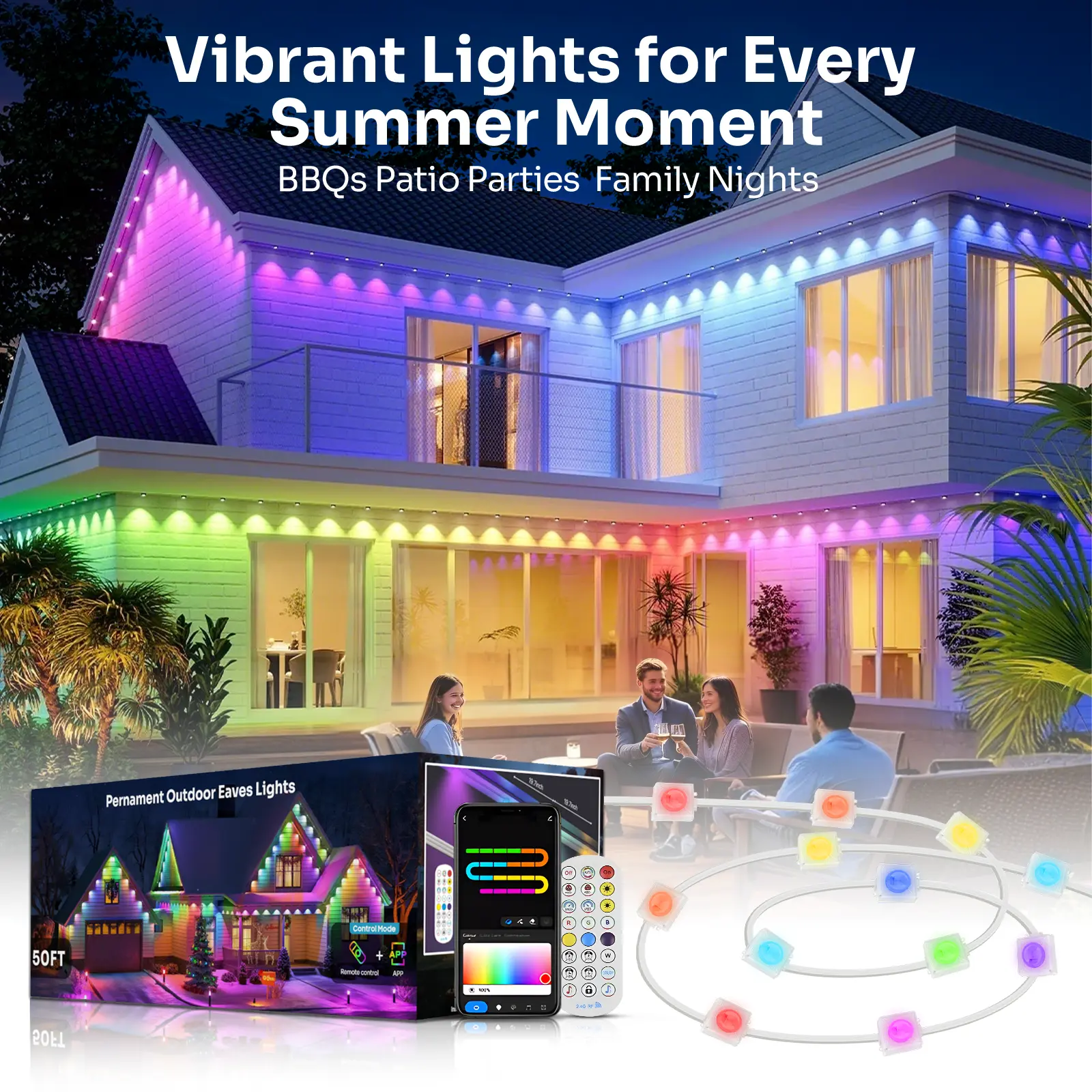LUMENFOX Low Profile Smart WiFi LED Strip Lights - IP68 Waterproof Outdoor RGB IC Eaves Strips, Easy Installation, App & Remote Control, RGBCW, Energy-Saving Timer, Music Sync, Temperature Resistant Custom-Look Design, BBQs Home Roof Decor,home decor