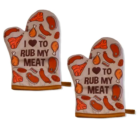 I Love to Rub My Meat Funny Baking Grilling BBQ Graphic Novelty Kitchen Glove Funny Graphic Kitchenware Bakeware Funny Food  Novelty Cookware Grey