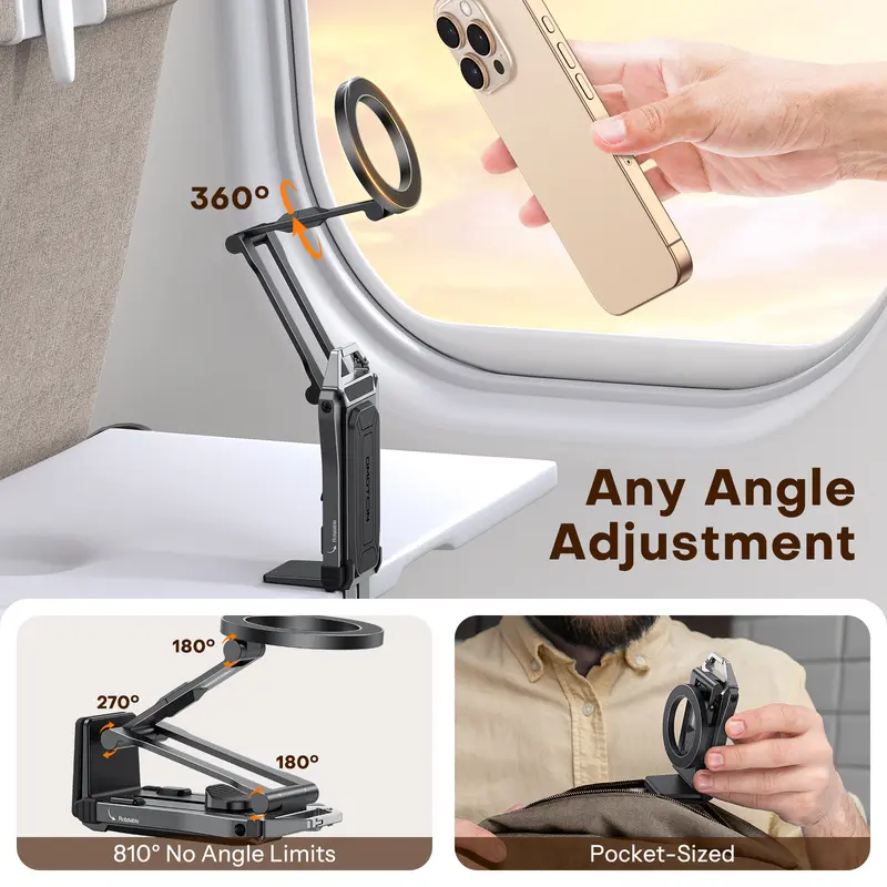 OMOTON TP02 Magnetic Aluminium Phone Mount Tripod Stand - Foldable Desk Phone Accessory with 360° Rotating Shaft, Adjustable Ring Grip, Selfie Stick Clamp, Hook for iPhone, Content Creator Tools
