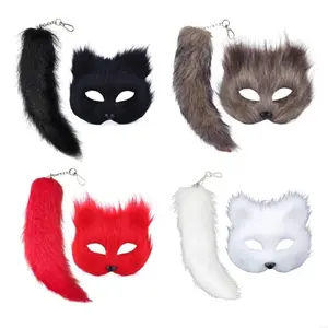 Therian Mask and Tail Set Halloween Cosplays Costume Accessorie Cats Mask Tail Half Face Faux Furs Foxes Tail Cats Mask Gifts White