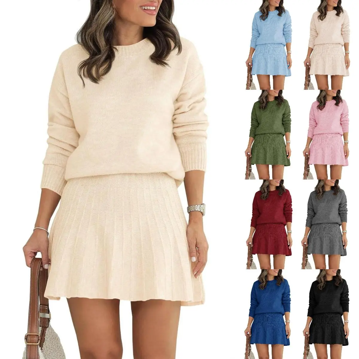 PASLTER 2025 New Lady's Basic 2-Piece Casual Clothes Set, Long-Sleeve Crewneck Knit Sweater & Pleated Mini Skirt, Women's Lounge Outfit, Minimalist