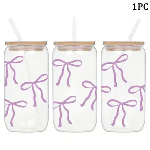 1pc 470ml/16oz Purple Bow Glass Cup with Bamboo Lid and Straw - Adorable Bow Pattern, Cold Beverage Tumbler, Ideal Gift for All Holidays - Perfect for Birthday, Teacher's Day, Mother's Day, Thanksgiving, Christmas, Halloween.