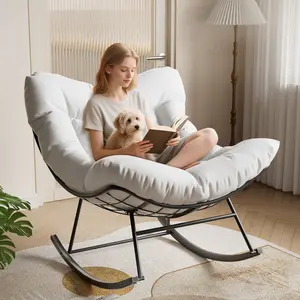 Oversized Outdoor Papasan Rocking Chair – Rattan Egg Patio Rocker with Sturdy Metal Frame & Quick-Dry Cushion – Comfortable Lounge for Balcony, Backyard, Porch, Bedroom – White – Durable, Year-Round Use
