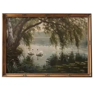 Romantic Swan Lake Landscape Poster Wall Art, Peaceful Nature Gift for Anniversary Wedding, Living Room Bedroom Decor, Vintage Style Canvas with Soft Light and Serene Water Scene