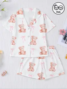 Cute Bear & Bow Print Kids Sleepwear Pajama Matching Set, Fire-Resistant Fabric, Short Sleeve Button-Up Top & Elastic Shorts, All Seasons Wear, Kids Pajamas
