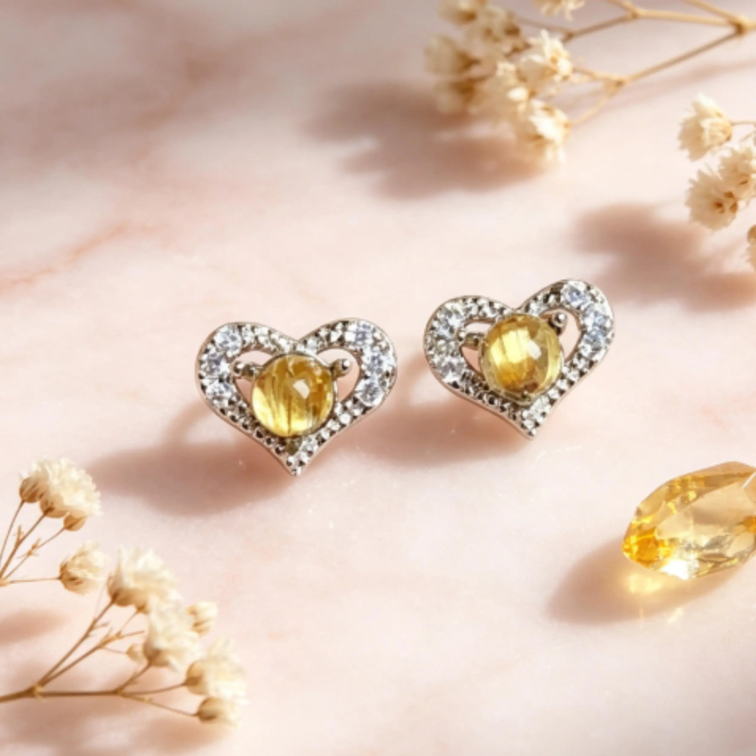 Natural Citrine Earrings 925 Silver - Yellow Crystal Heart Studs for Wealth Attraction, Meaningful Gift for Mom Daughter Sister|Weddings, Mother's Day, Parties & Valentine's Day Gift, Christmas