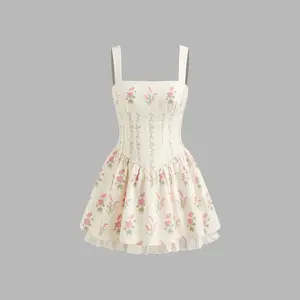 Cider Linen-blend Floral Broderie Anglaise Trim Layered Lace Up Mini Dress