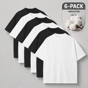 6-pack men’s solid-color crewneck basic T-shirts made of 100% cotton; comfortable and breathable for hot weather; skin-friendly; black/white set; women’s basic T-shirt with a loose fit.