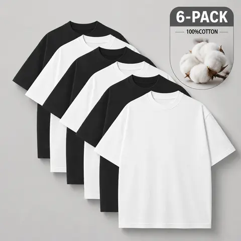 Men's 6-Pack Solid Color Crewneck Basic 100% Cotton T-Shirts, Casual Menswear Tops, Comfortable Breathable Skin-Friendly Fabric for Hot Weather, Black/White Set, Loose-Fit Women's Basic T-Shirt,clothes for back to school,first day of school outfits