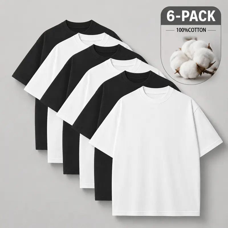 Men's 6-Pack Solid Color Crewneck Basic 100% Cotton T-Shirts, Casual Menswear Tops, Comfortable Breathable Skin-Friendly Fabric for Hot Weather, Black/White Set, Loose-Fit Women's Basic T-Shirt,clothes for back to school,first day of school outfits