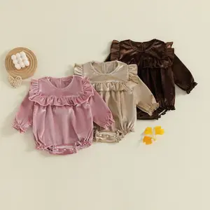 Baby Girls Velvet Romper Fashionable Solid Color Ruffled Round Neck Long Sleeve Bubble Jumpsuit
