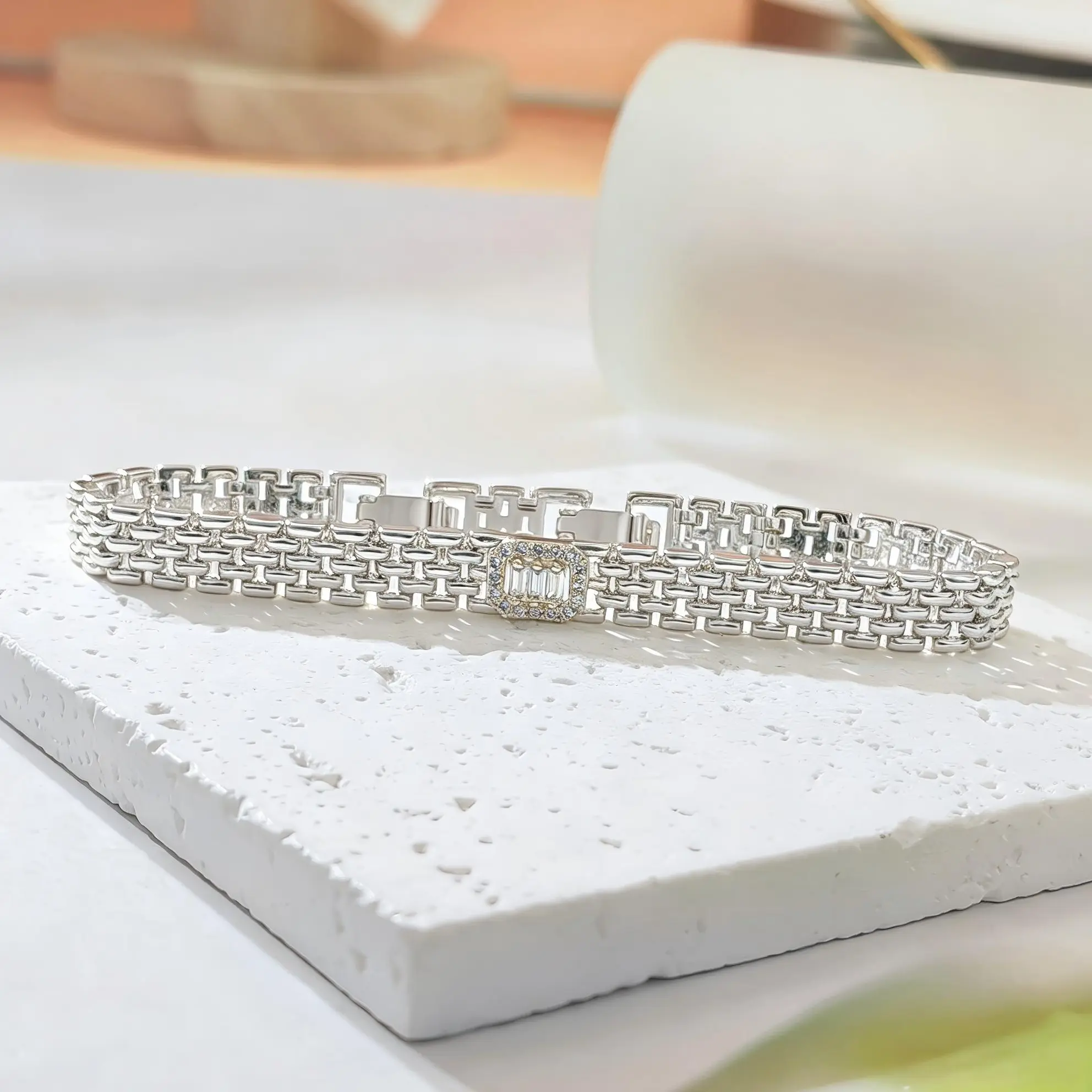 Silver Multi Row Watch Chain Bracelet for Women, Rectangle Baguette CZ Diamond Wide Link Bracelet, Luxury Layered Tank Chain Bracelets Dainty Wedding Daily Jewelry Gift for Her