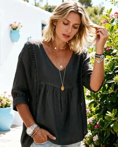 Women's Chic Loose-Fit V-Neck Lace Blouse, 3/4-Length Puff Sleeves, Side Lace Cut-Out Details, Flattering Midsection-Concealing Cut, Ideal for Bohemian Office Wear