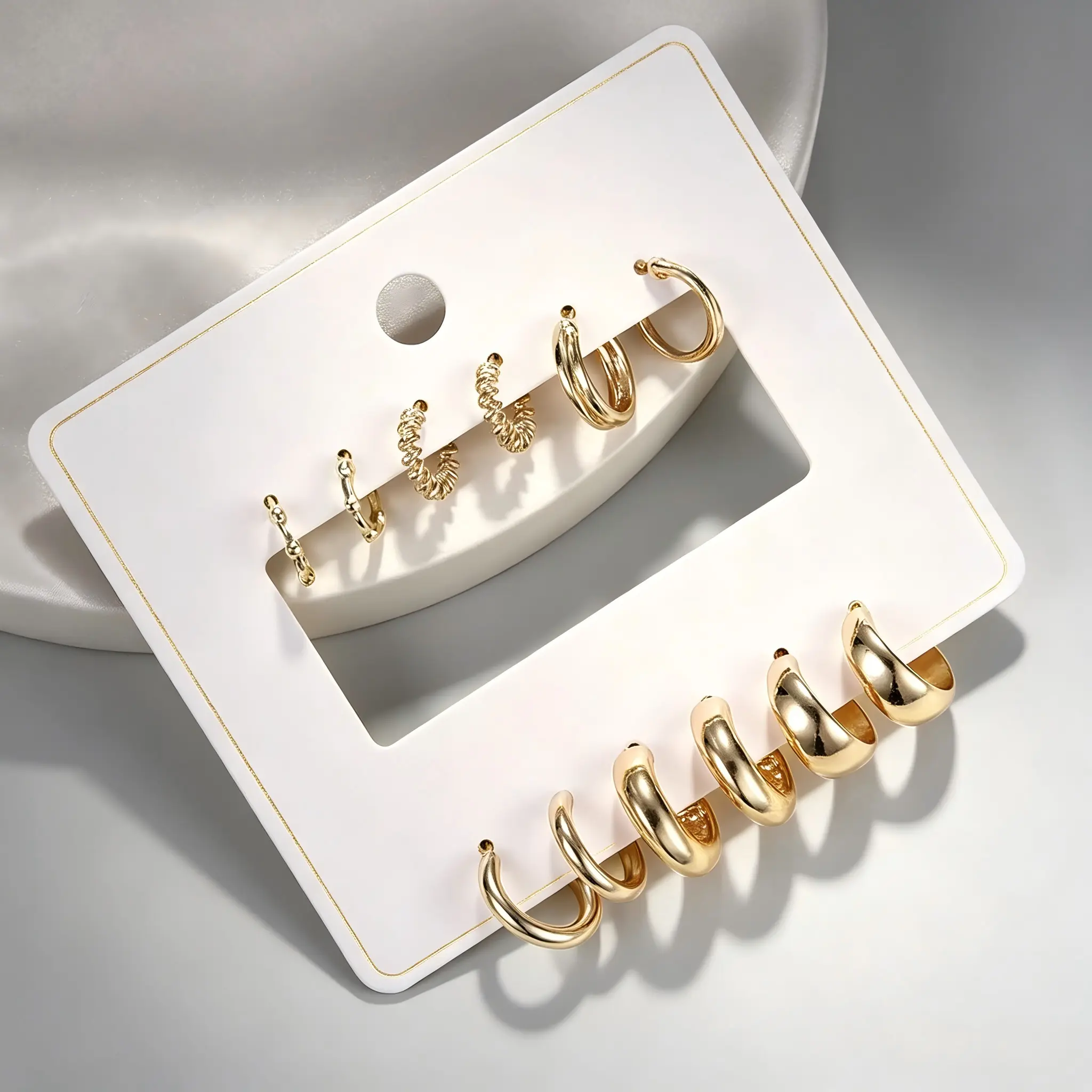 Female 6-Pair Gold Plated Ear Hoops Jewelry Stack - Minimalist Small Twisted Fashionable Huggie, Multi-Size Tiny C-Shape Costume Jewelry for Daily Wear