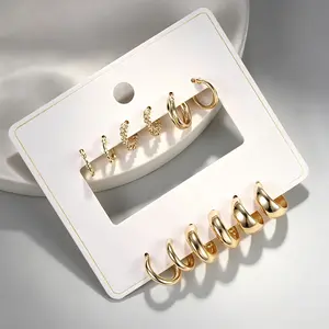 Women's 6-Pair Gold Hoop Earrings Set - Minimalist Small fashion Twisted Huggie, Multi-Size Tiny C-Shape Costume Jewelry for Daily Wear