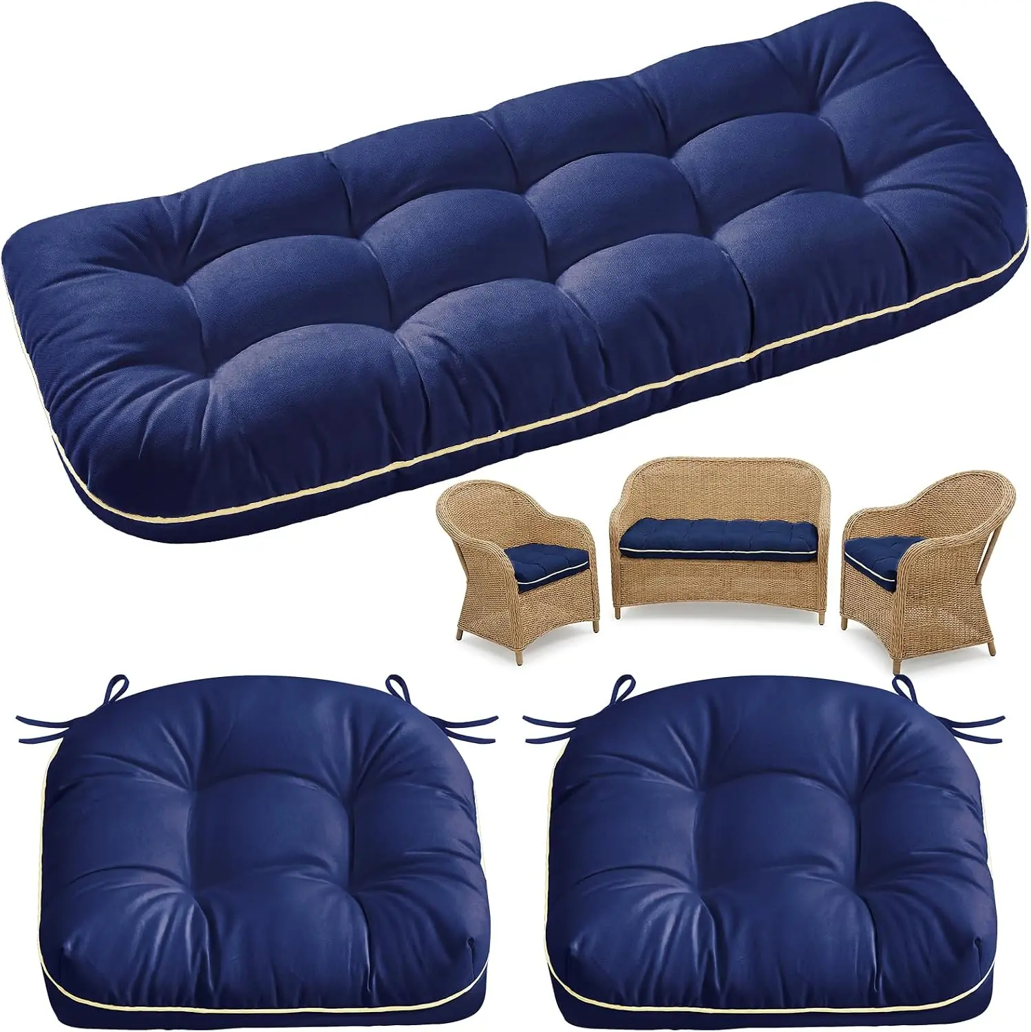 1 MIDDLE ONE Wicker Chair Cushions 3 Pieces Set for Outdoor Furniture, Replacement Patio Wicker Furniture Cushions, 1Pc Loveseat Cushion & 2Pcs Chair Cushions (Oxford-Blue)