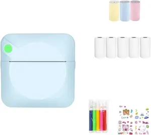 Portable Mini Printer, 1 Set of USB Rechargeable Wireless Thermal Printer (with printing paper), suitable for home, office, and school use, portable photo printer (blue)