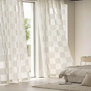 1PC Vintage Style Sheer Checkered Curtain, Light-Filtering Anti-Dust Insulating Design, High-End Grommet Curtains for Home Décor