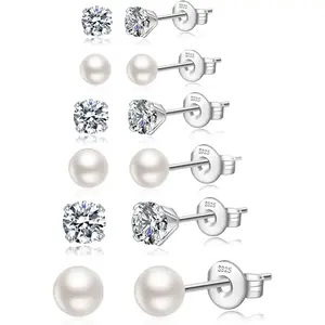 Silver Stud Earrings for Women Hypoallergenic 925 Sterling Silver Pearl Earrings Cubic Zirconia Ball Stud Earrings Set Dainty Earring Sets for Multiple Piercing
