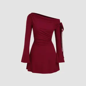 Cider [2 colors, size 0-26] Asymmetrical Neck Ruched Knotted Mini Dress