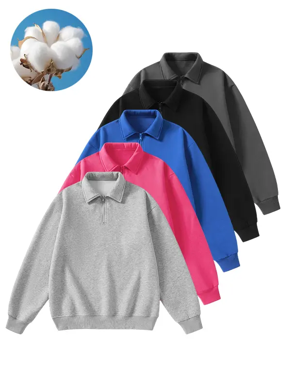 Unisex quarter-zip polo sweatshirt, loose collared long-sleeve pullover, casual solid-color streetwear top for men and women >