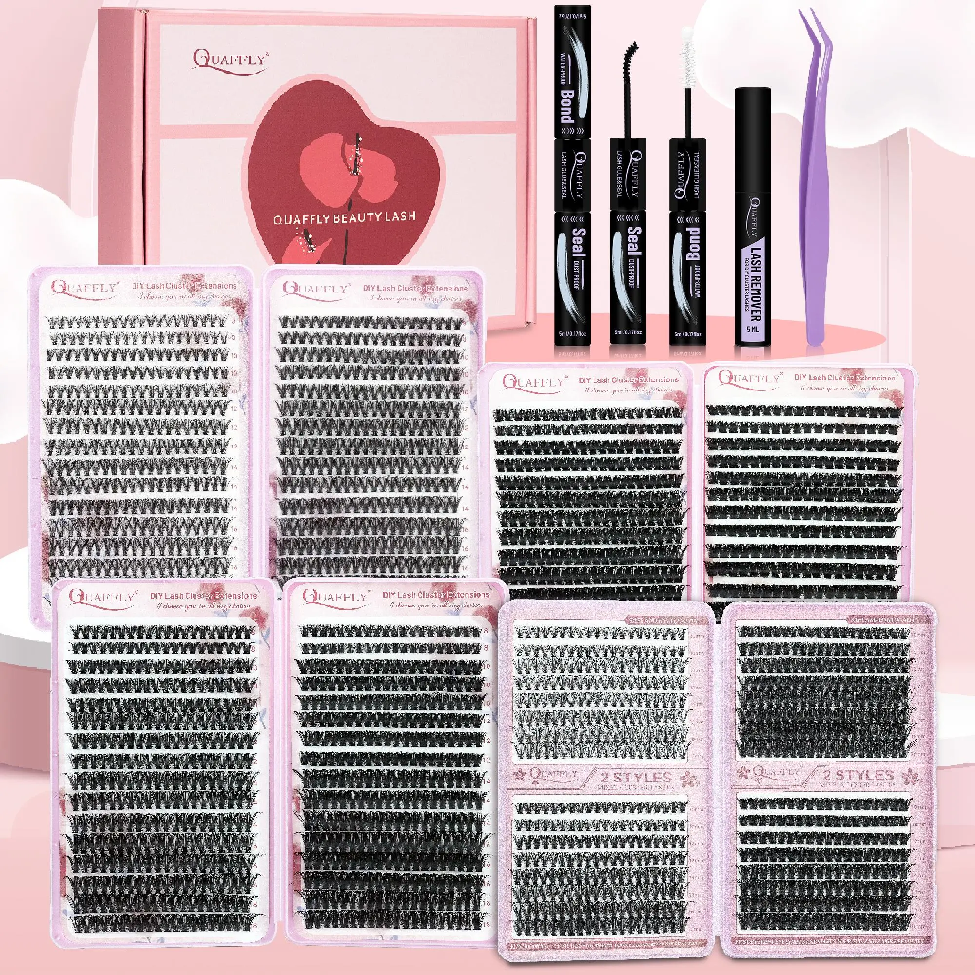 Eyelash Extension Kit, DIY Eyelash Extensions, 1 Box Individual False Eyelashes with Eyelash Glue & Tweezers & Eyelash Remover & Eyelash Brush, Professional Eye Enhancement Tools, Makeup, Eyelashes Extension Set