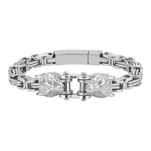 Men’s Viking Wolf Bracelet, Stainless Steel Byzantine King Chain with Wolf Head Clasp, Norse Gothic Punk Biker Bracelet Jewelry Gift for Men