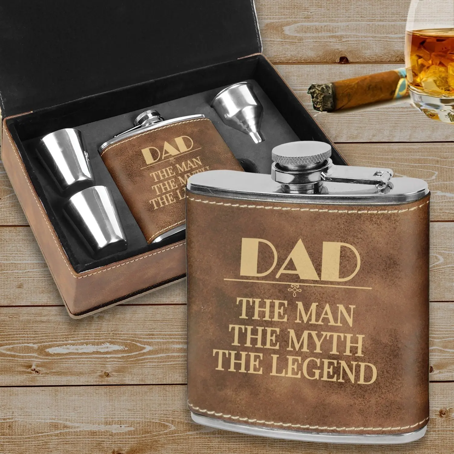 Custom Flask Father's Day Gift, Leatherette Flask gift set, Flask gift for dad, Man cave gift, Groomsman gift,Fun gifts for Dad,New dad gift