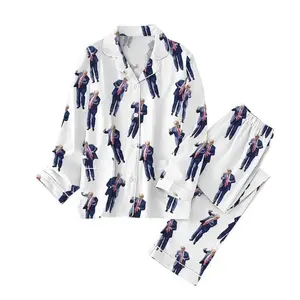 Trump Dancing Pajamas Set Long Sleeve & Pants 100% Polyester Casual Style Relaxed Fit Versatile for Everyday Wear Comfortable Latin Silk Graphic Design