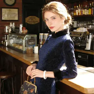 Luxe Midnight Blue Floral Brocade Qipao | Vintage Chinese Winter Dress with Fur Trim & Shimmer Thread