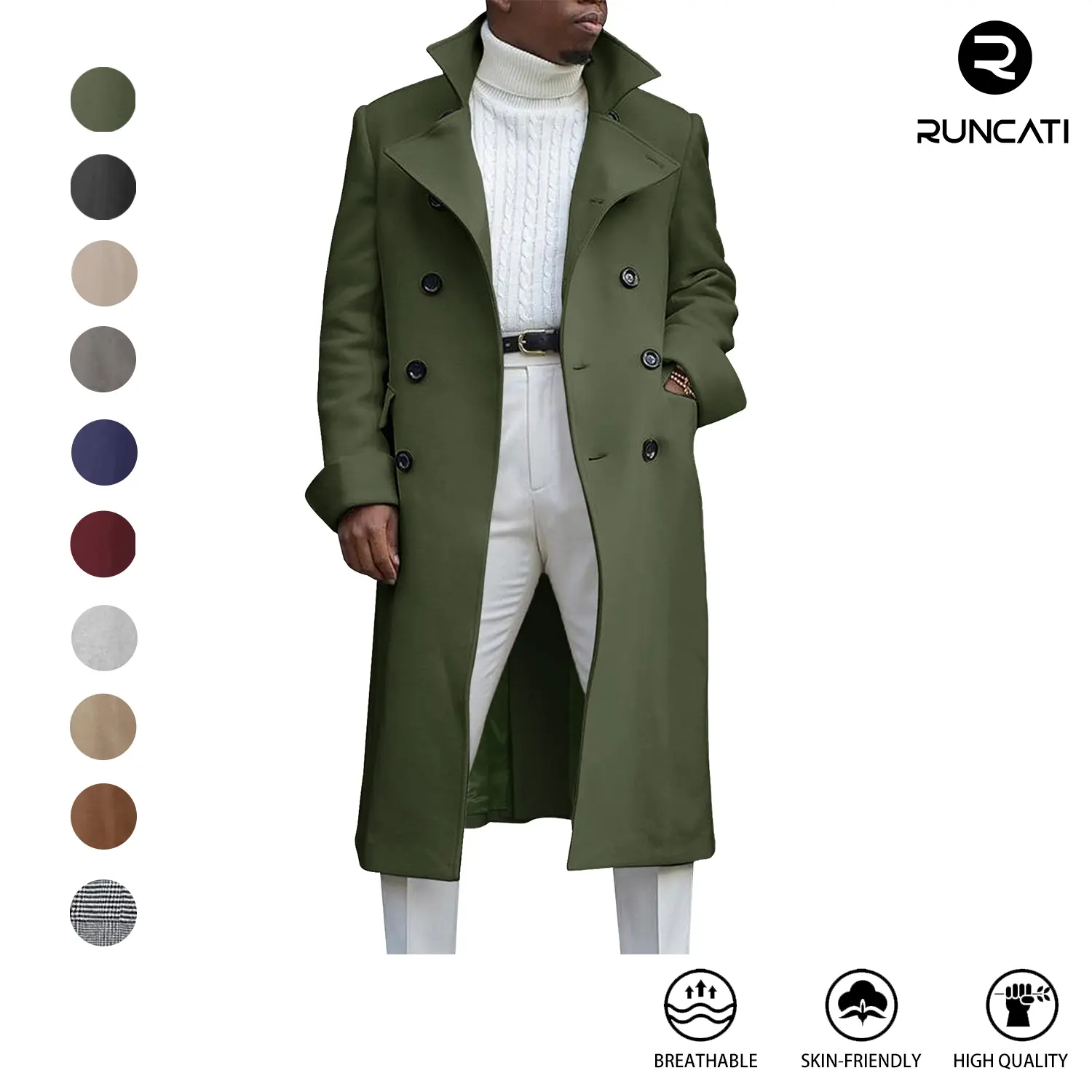 Runcati Men's Notch Lapel Double Breasted Long Trench Coat Casual Cotton Blend Peacoat Runcati Men's Notch Lapel Double Breasted Long Trench Coat Casual Cotton Blend Peacoat