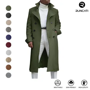Runcati Men's Notch Lapel Double Breasted Long Trench Coat Casual Cotton Blend Peacoat