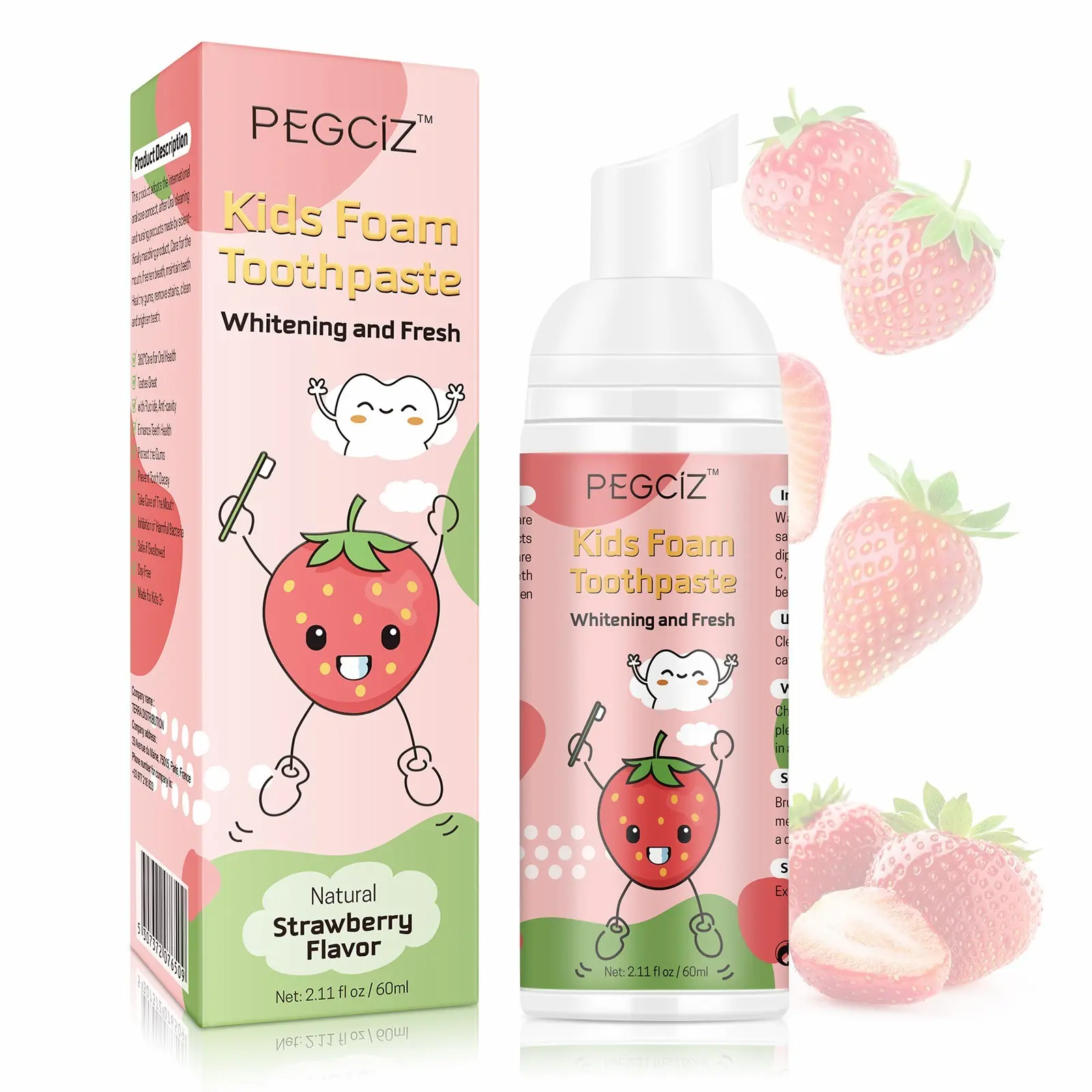 PEGCIZ Kids Foam Toothpaste, Foaming Toothpaste, Gentle Effective Toothpaste, Fluoride Free Toothpaste, Dental care toothpaste, Watermelon, strawberry, orange flavor, four flavors to choose from, Tooth care mousse, Oral Hygiene Products