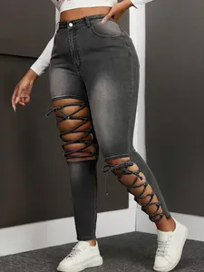 Women's Plain Cut Out Denim Jeans, Fashion Casual High Waist Trousers for Daily Outdoor Wear, Ladies Bottoms for Summer, Womenswear