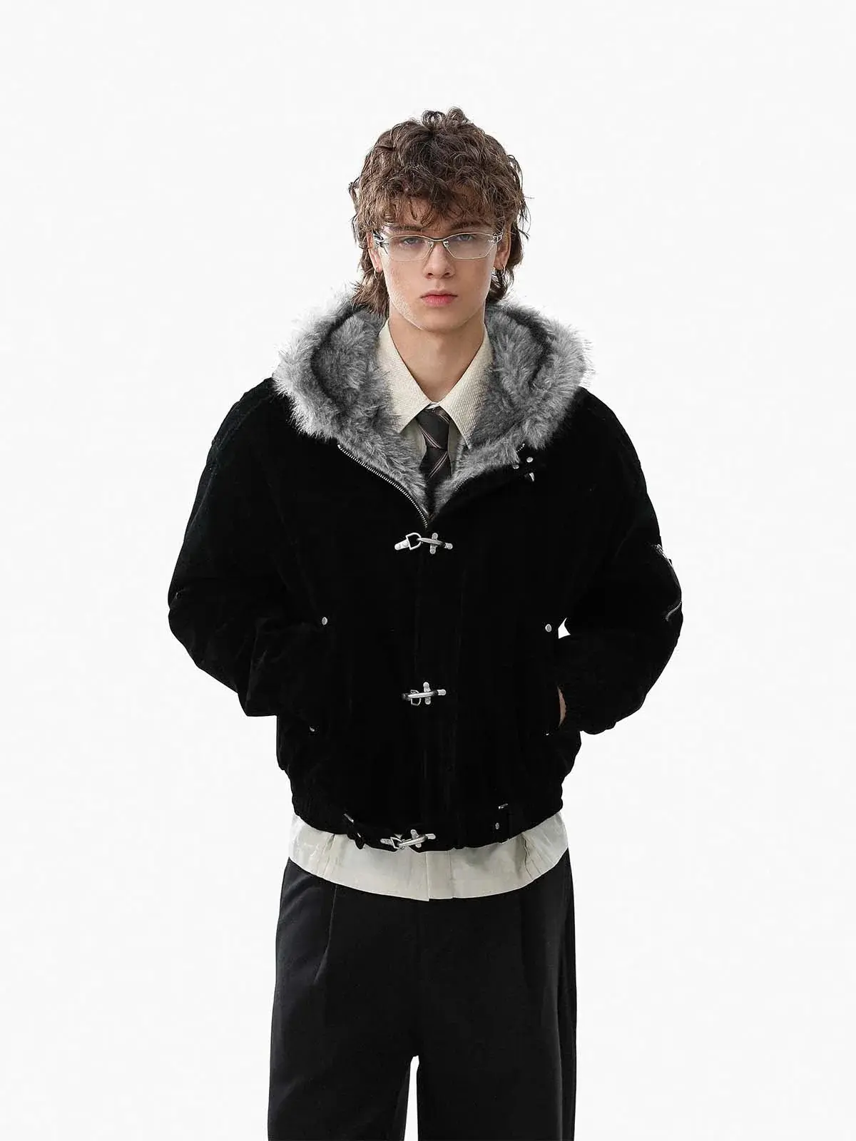 Thesupermade Streetwear Metal Clip Faux Fur Hooded Suede Bomber Jacket SpringStatements Casual Coats Thesupermade Streetwear Metal Clip Faux Fur Hooded Suede Bomber Jacket SpringStatements Casual Coats