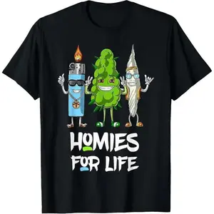 Funny Homies For Life 420 Cartoon Graphic T-Shirt, Unisex Cotton Short Sleeve Round Neck Casual Tops Tees T-Shirts