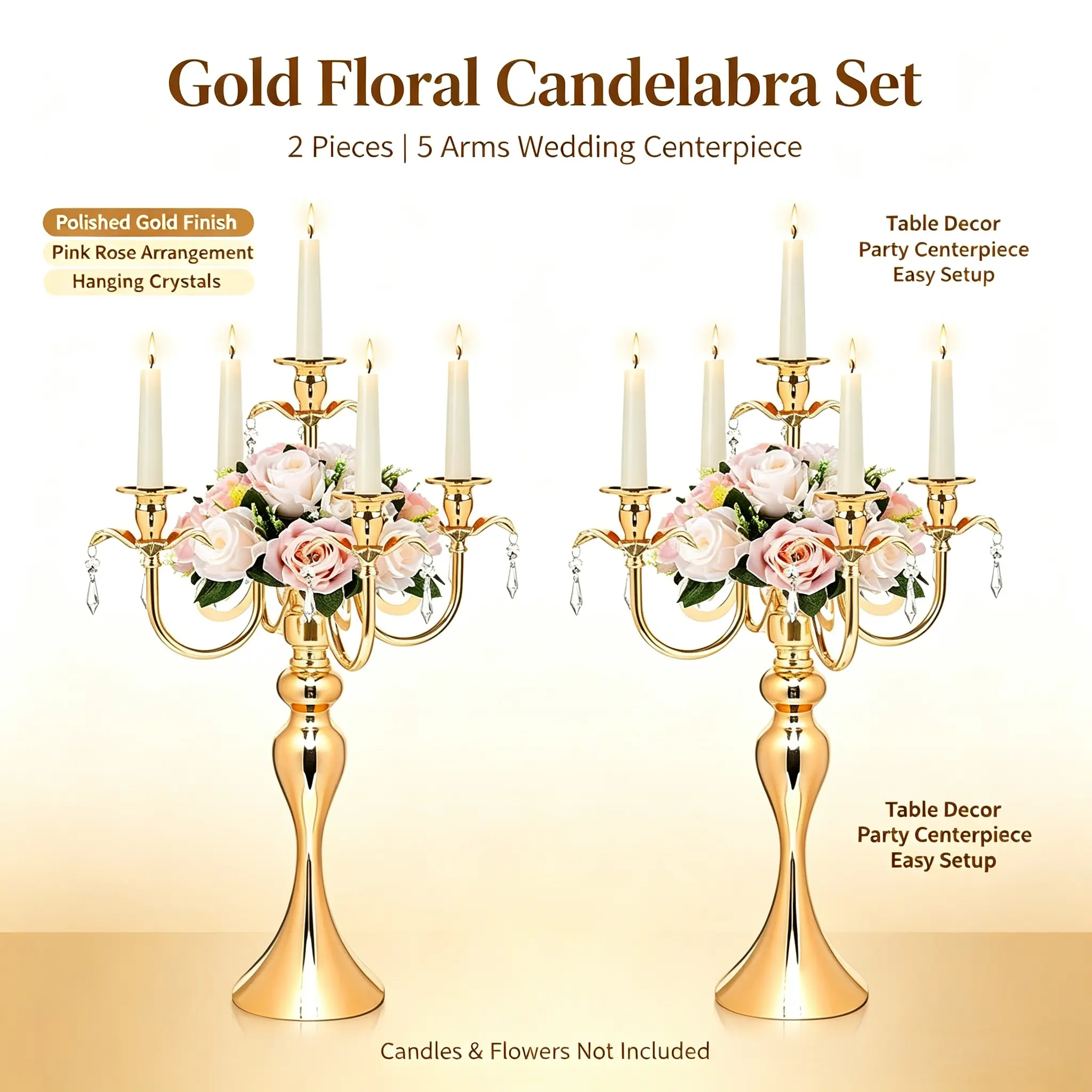 Gold 5-Arm Candelabra - 20.3in Tall Metal & Crystal Candle Stand, Ornate Gold Finish Large Metallic Candle Holder, Decorations Supplies for Wedding, Home Table Decor