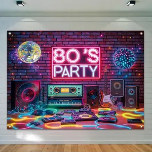 80s Music Festival Theme Party Backdrop, 1 Count Music Instrument Pattern Party Decoration Banner, Party Decoration Supplies for Home & Bar & Club, Ornaments