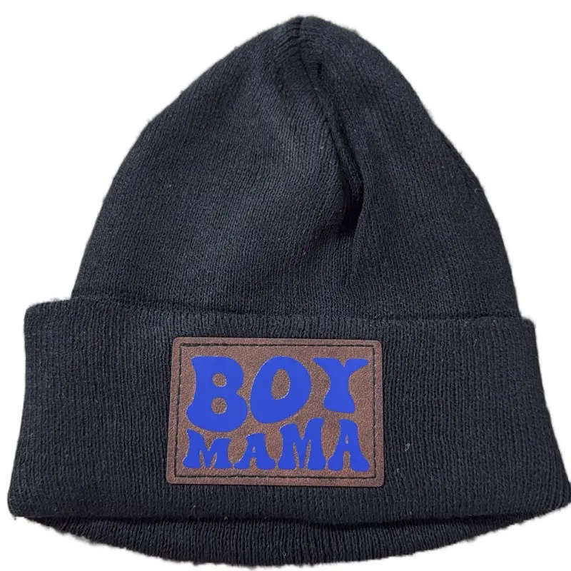 Mama Beanie with Boy Mama Patch Black Knit Winter Hat for Women