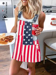 Women's Summer Loose American Flag Print Denim Overall Short Skirt, Straight A-Line Star Striped Print, Comfortable Breathable Fabric