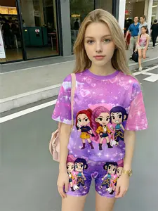 Girls Idol Girls Dreamy Purple Starry Sky & Heart Print Set, Shorts, Sweet Anime Style Casual Outfit