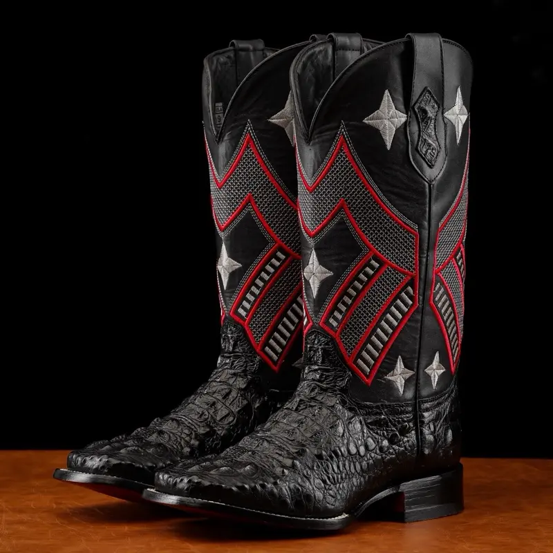 Black Caiman Neck Print Leather Boots - Square Toe