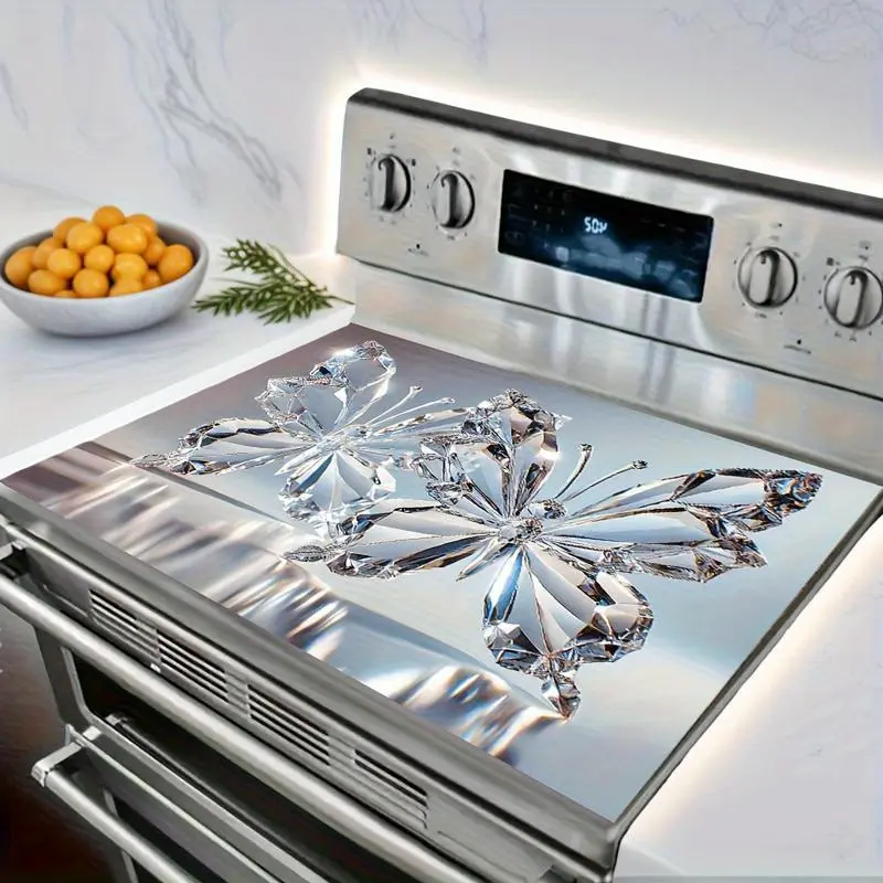 Tree of Life Kitchen Cover - Elegant Silver Crystal Butterfly Stove Mat, 28.3x20.5in, Heat-Resistant, Non-Slip, Easy to Clean, Suitable for Induction Cooktops, Holiday Gift