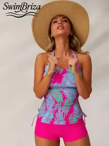 Briza｜Halter Tankini With Shorts In Hot Pink Tropical Palm Print Is A Tankini Swimsuits Set And Tankini Swimsuit For Women, A Bathing Suit Women Set With A Two-Piece Swimsuit And Swim Shorts Set Women Choose For Vacation Swimwear For Women