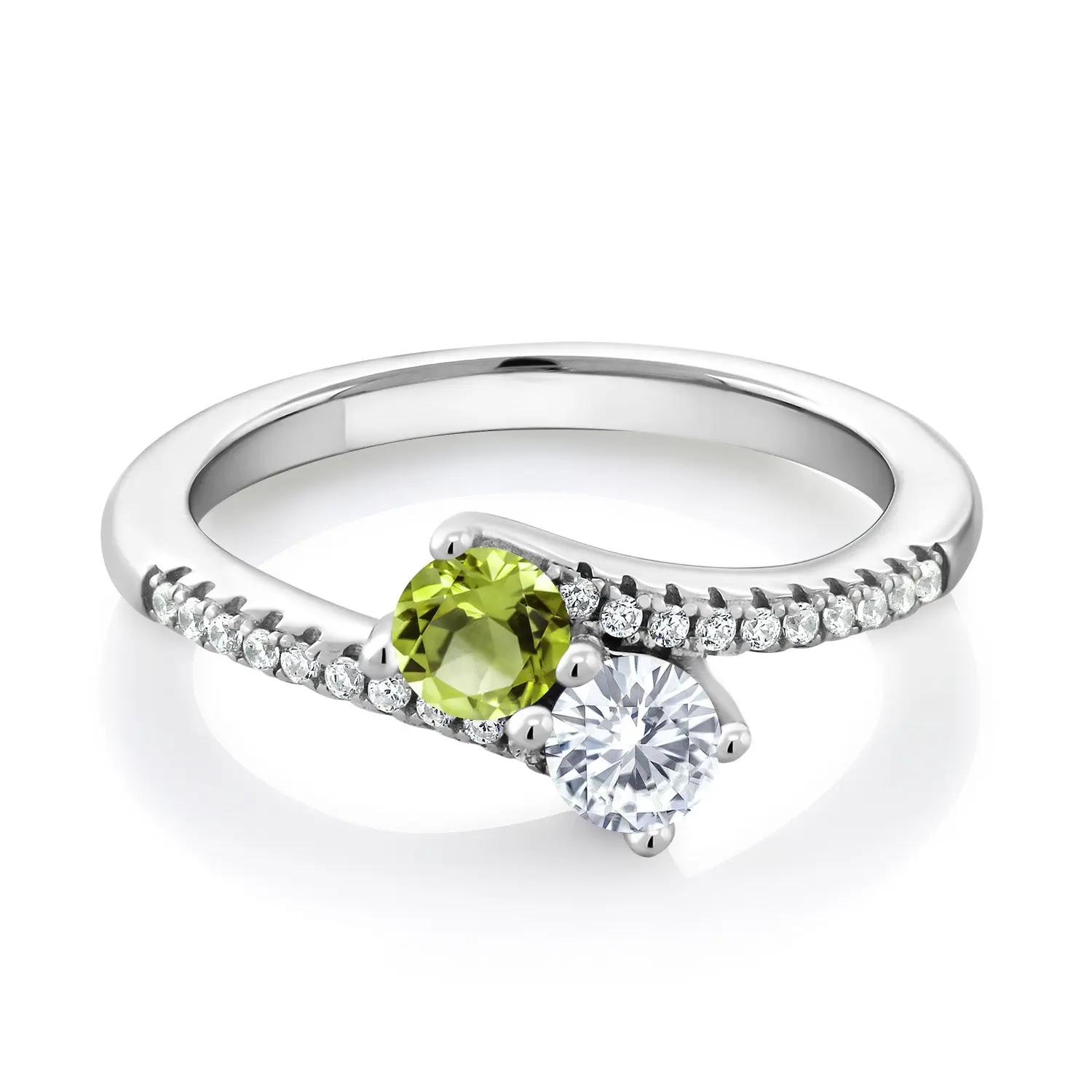 Two-Stone Bypass Ring for Women in 925 Sterling Silver | 4MM Round Gemstone Birthstone and White Moissanite | Crossover Anniversary Engagement Wedding Promise Ring | Sizes 5, 6, 7, 8, 9