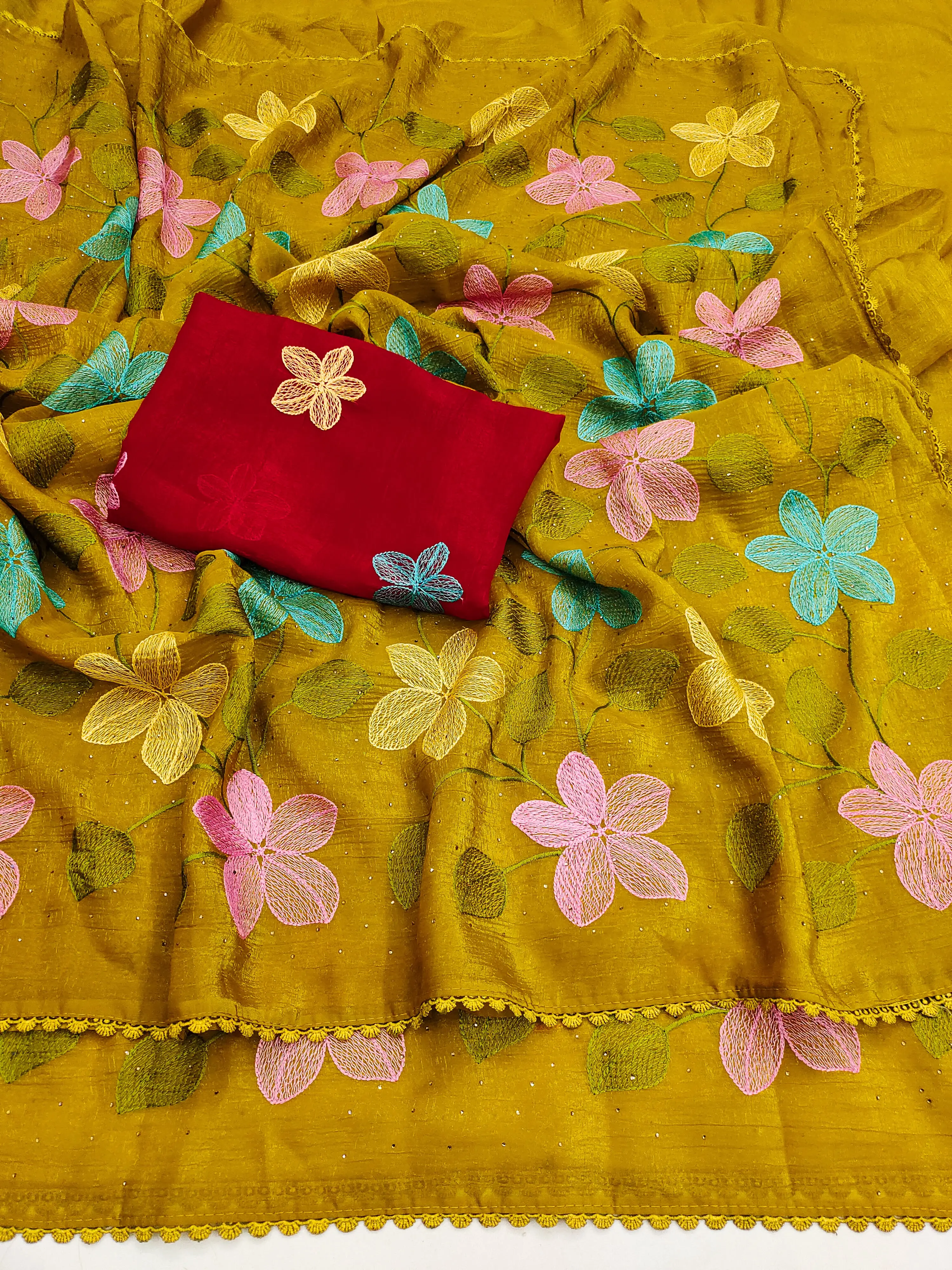 Crush Tissue Silk Saree, Women's Gold Mustard Green color, High quality traditional thread embroidery Saree.